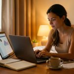 Une femme apprend calmement une nouvelle compétence professionnelle sur un ordinateur portable puis termine sa session dans une ambiance chaleureuse et équilibrée.