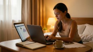Une femme apprend calmement une nouvelle compétence professionnelle sur un ordinateur portable puis termine sa session dans une ambiance chaleureuse et équilibrée.