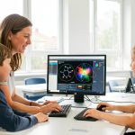 Une enseignante de sciences accompagne deux garçons et une fille devant un ordinateur affichant une simulation scientifique colorée dans une salle de classe lumineuse.