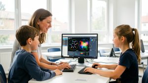 Une enseignante de sciences accompagne deux garçons et une fille devant un ordinateur affichant une simulation scientifique colorée dans une salle de classe lumineuse.