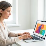 Femme adulte concentrée devant un ordinateur portable sur un bureau lumineux, suivant un parcours d’apprentissage numérique.