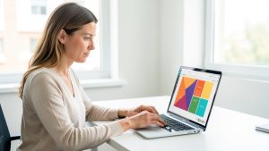 Femme adulte concentrée devant un ordinateur portable sur un bureau lumineux, suivant un parcours d’apprentissage numérique.
