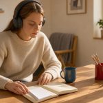 Jeune femme étudiant la langue norvégienne dans un intérieur scandinave chaleureux, avec un casque audio, un carnet ouvert et des fiches vierges.