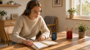 Jeune femme étudiant la langue norvégienne dans un intérieur scandinave chaleureux, avec un casque audio, un carnet ouvert et des fiches vierges.