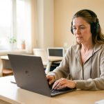 Une femme en situation de handicap utilise un ordinateur portable avec un lecteur d’écran dans un espace de formation moderne, lumineux et accessible.