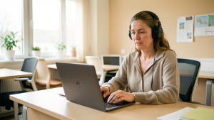Une femme en situation de handicap utilise un ordinateur portable avec un lecteur d’écran dans un espace de formation moderne, lumineux et accessible.