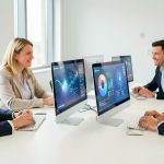 Groupe de quatre adultes, deux femmes et deux hommes, en formation professionnelle devant des ordinateurs affichant des visualisations de données abstraites et une interface d’intelligence artificielle, dans une salle claire et moderne.