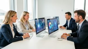 Groupe de quatre adultes, deux femmes et deux hommes, en formation professionnelle devant des ordinateurs affichant des visualisations de données abstraites et une interface d’intelligence artificielle, dans une salle claire et moderne.