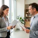 Une jeune adulte consulte des brochures vierges avec un conseiller d’orientation dans un centre de formation moderne et lumineux.