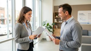 Une jeune adulte consulte des brochures vierges avec un conseiller d’orientation dans un centre de formation moderne et lumineux.